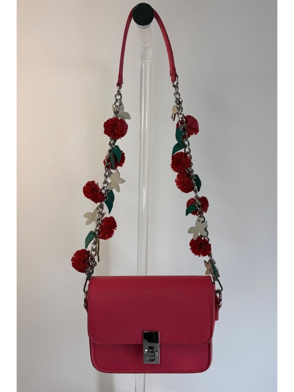 Zara Brand Mini Crossbody Purse Bag Leather Floral Pom Strap Hot Pink NWOT